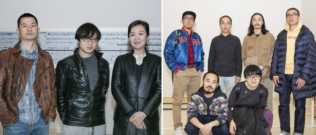 左：艺术家杨铭、黄彦和赵婧妍；右：艺术家子杰（后排左二）和参与他项目的朋友们.