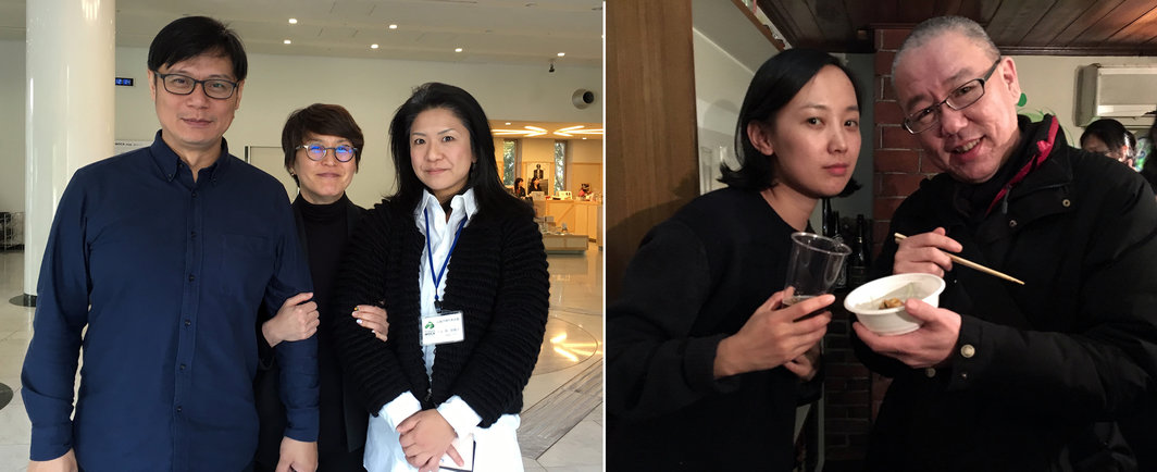 左：策展人黄建宏，Kim Sunjung和广岛现代美术馆策展人角奈绪子；右：艺术家郝敬班和陈界仁.