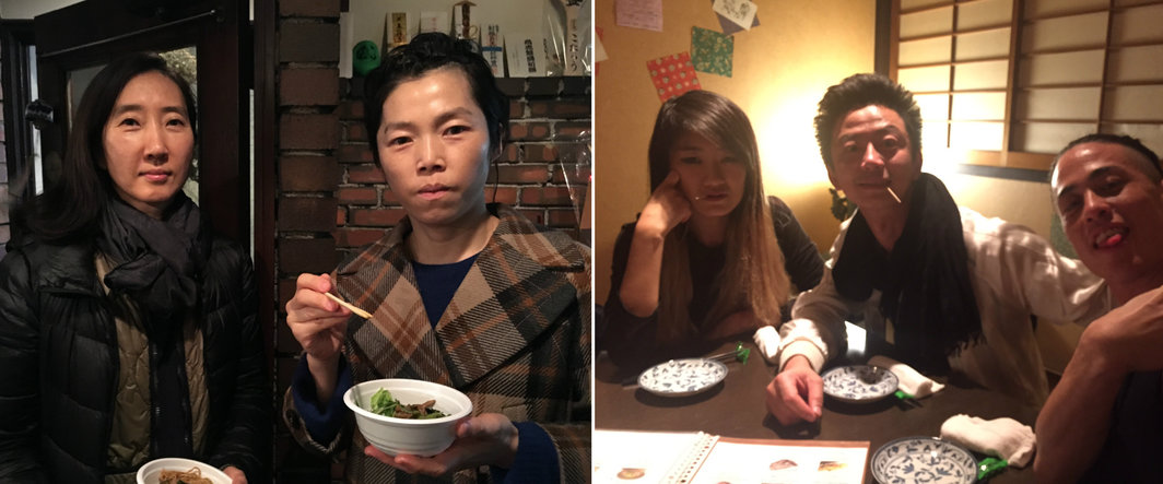 左：艺术家Kim Sora和Koo Jeong A；右：歌德学院的Ku Yena，艺术家杨俊和吴曾.