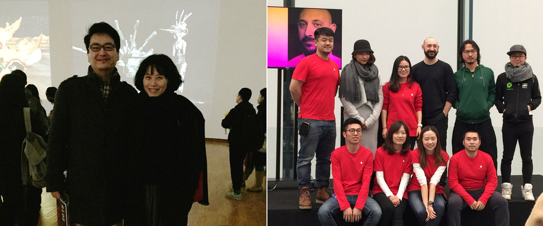 左：评论家张未与凤凰艺术的周冰心；右：艺术家Quayola在苹果专卖店讲座后与工作人员合影.