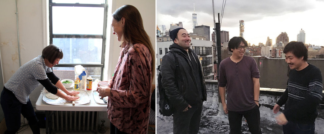 左：何颖宜（Raina Ho）与友人（由PRACTICE提供）；右：设计师耿涵，艺术家王旭与严严.