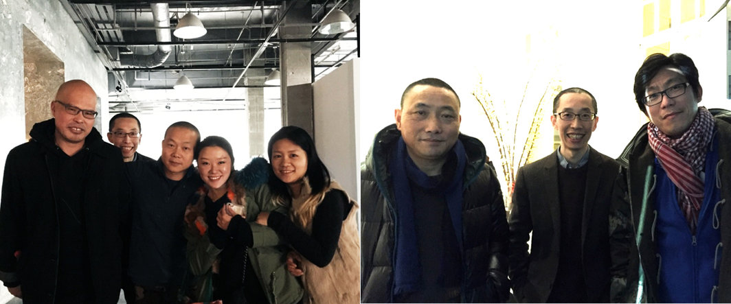 左：同济大学教授陆兴华，沪申画廊总监张离，艺术家何岸，苗颖与策展人巢佳兴；右：艺术家周啸虎，沪申画廊总监张离与艺术家徐震.