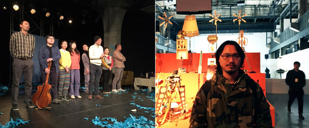 左：“世界工厂”导演赵川及主创人员谢幕；右：艺术家吴珏辉.