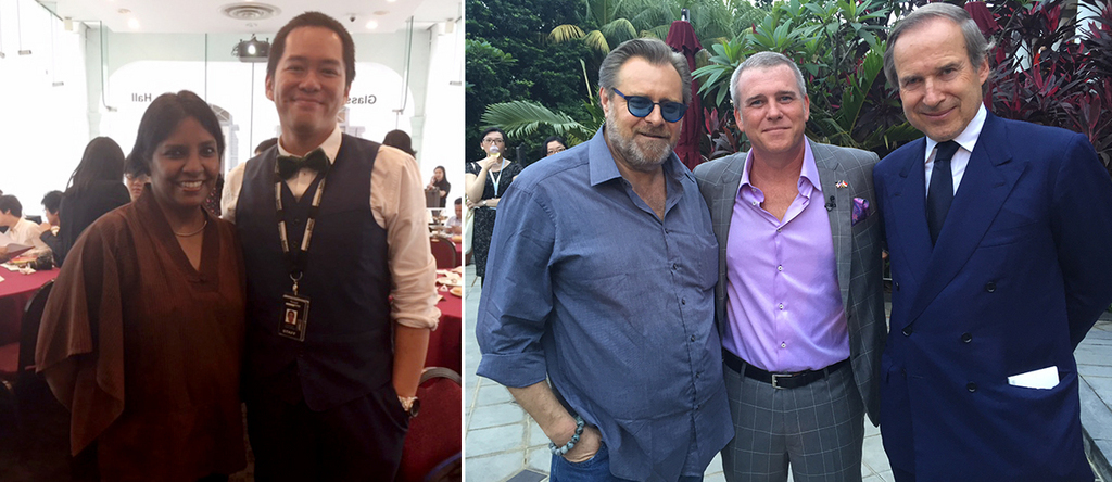 左：策展人Suman Gopinath与Louis Ho；右：艺术登陆新加坡总监Lorenzo Rudolf，美国驻新加坡大使Kirk Wagar以及拍卖家Simon de Pury.