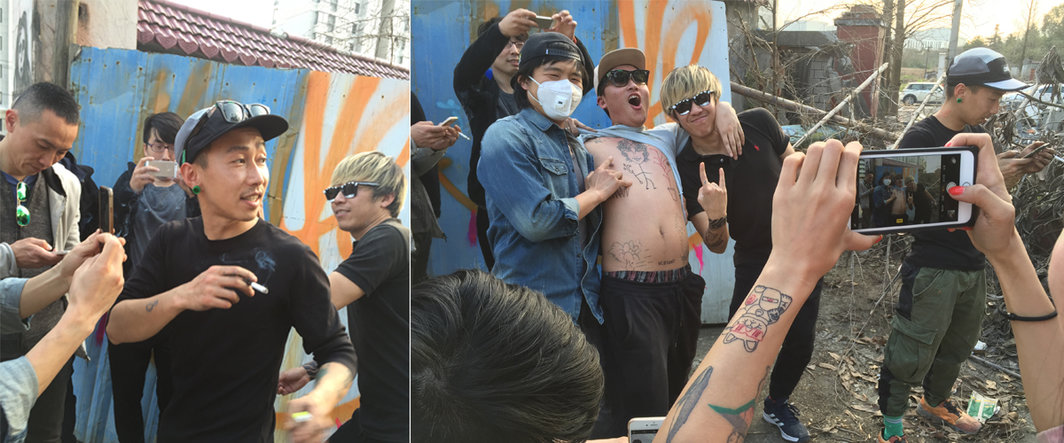 左：艺术家周轶伦；右：艺术家马明，纹身师陈玮与艺术家程然.