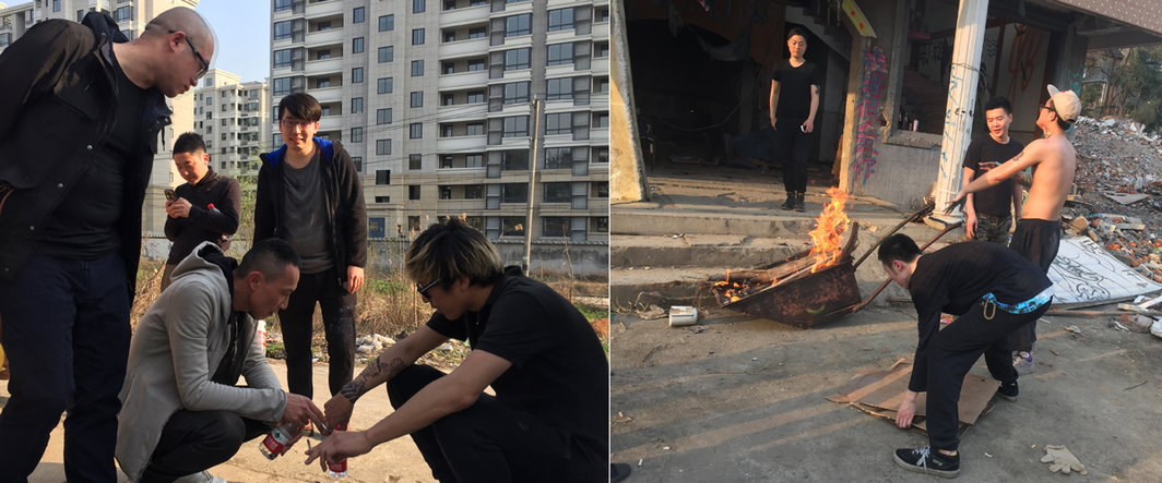 左：艺术家金闪，陆垒、严岩（玩手机的），崔绍翰与程然；右：玩耍中的艺术家.