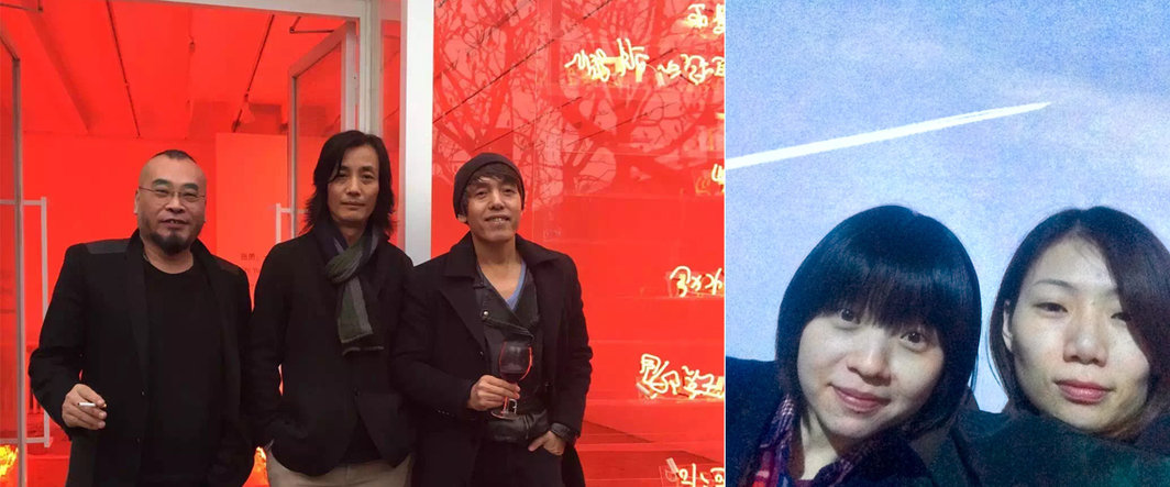 左：艺术家金峰（老），施勇，赵半狄（图片由徐震拍摄）；右：艺术家梁玥与《ARTREVIEW ASIA》的林昱.
