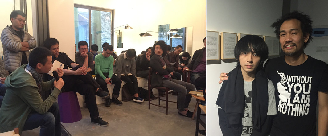 左：胡昉在开幕研讨会上发言；右：艺术家林奥劼与胡向前.