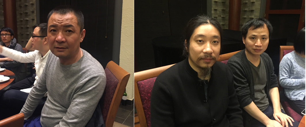 左：艺术家王音；右：策展人鲍栋与艺术家周滔.