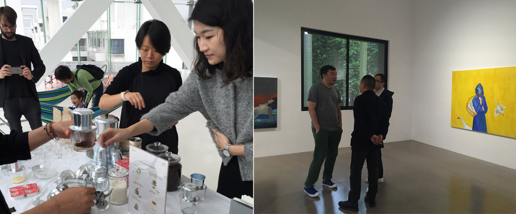 左：观众在展览现场泡制越南咖啡；右：收藏家赵友厚，艺术家刘野与策展人孙冬冬.