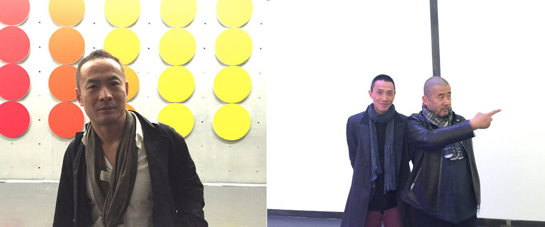 左：策展人张尕；右：艺术家陆垒与张培力.