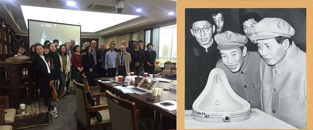左：“世纪：SHENG PROJECT”工作坊结束后与会人员合影；右：石心宁，《杜尚回顾展在中国》，2000-2001.