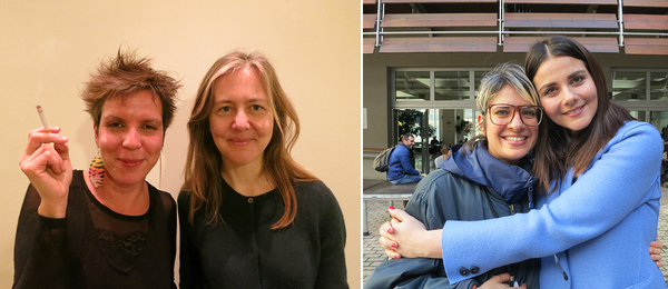 左：艺术家朵拉·厄谷纳姆（Dora Economou）与作家阿涅斯卡·格拉扎（Agnieszka Gratza）；右：艺术家艾拉尼·巴拉基（Elena Bagaki）与画商克里斯蒂娜·安度里达基（Christina Androulidaki）.