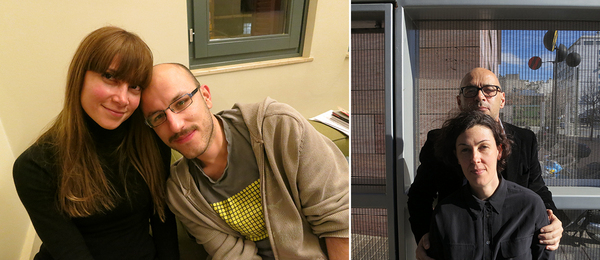 左：Atopos艺术中心的吉卡基·娅拉卡库（Kika Kyriakakou）与3137空间的考马斯·尼考拉乌（Kosmas Nikolaou）；右：MAI中心负责人塞尔日·勒·布尔涅（Serge Le Borgne）与艺术家宝拉·加西亚（Paula Garcia）.