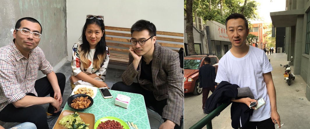 左：艺术家陈熹，策展人巢佳幸与艺术家高洁；右：艺术家郭鸿蔚.