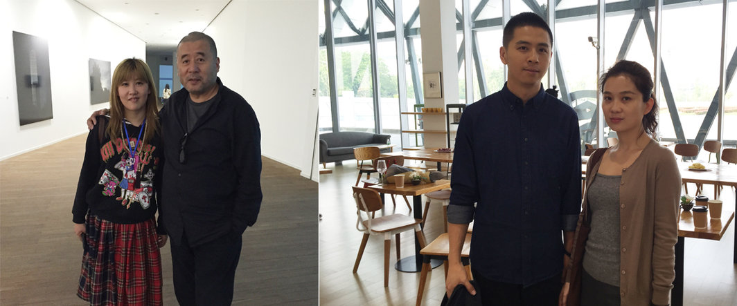 左：艺术家张培力与陆扬；右：艺术家仇晓飞与胡晓媛.