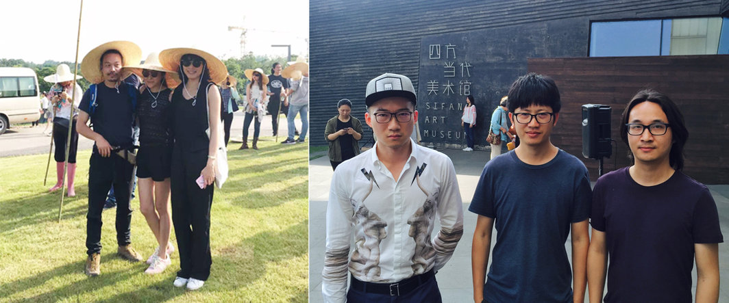 左：艺术家唐狄鑫，多姆斯艺术收藏的吴华，没顶公司的周冰心（图片由吴华提供）；右：卡斯雕塑基金会的守卫，四方当代美术馆的刘林与艺术家陆平原.