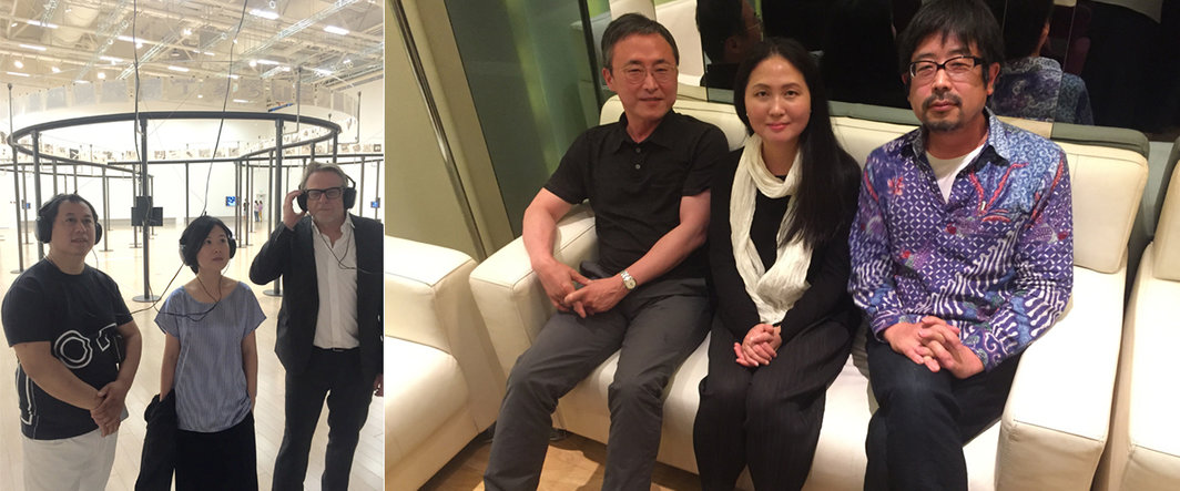 左：当代唐人艺术中心的郑林，上海当代艺术博物馆馆长龚彦与博而励画廊的Waling Boers；右：艺术家、陈劭雄夫人罗庆珉与“西京人”的小沢剛（右）和金泓錫（左）.