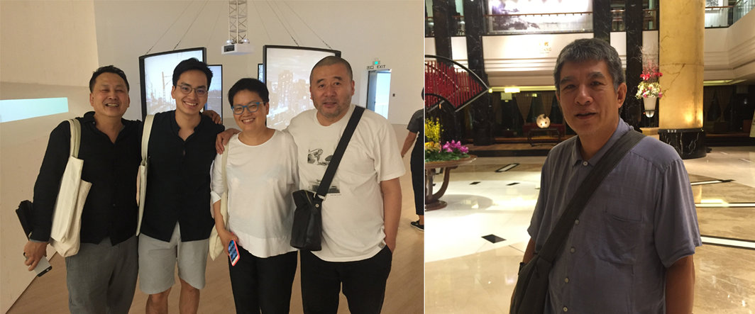 左：艺术家王功新、林天苗与王上一家，以及艺术家张培力；右：艺术家徐坦.