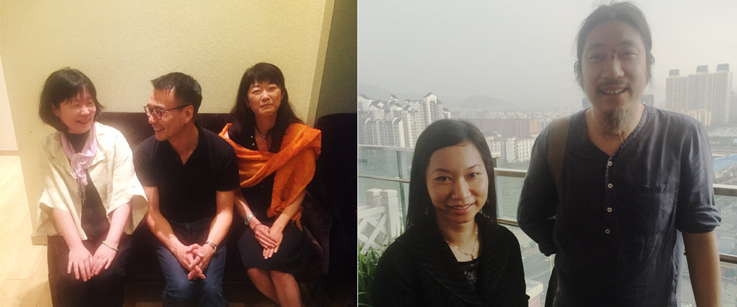 左：策展人David Chan与金沢21世纪美术馆的立松由美子（左）和黑泽浩美（右）；右：时代美术馆策展人沈瑞筠与策展人鲍栋.