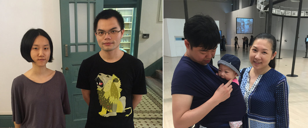 左：艺术家黄河与黄边站研究及出版统筹冯俊华；右：亚洲艺术文献库的翁子健，英国卡斯基金会的廖薇与女儿翁凛冽.