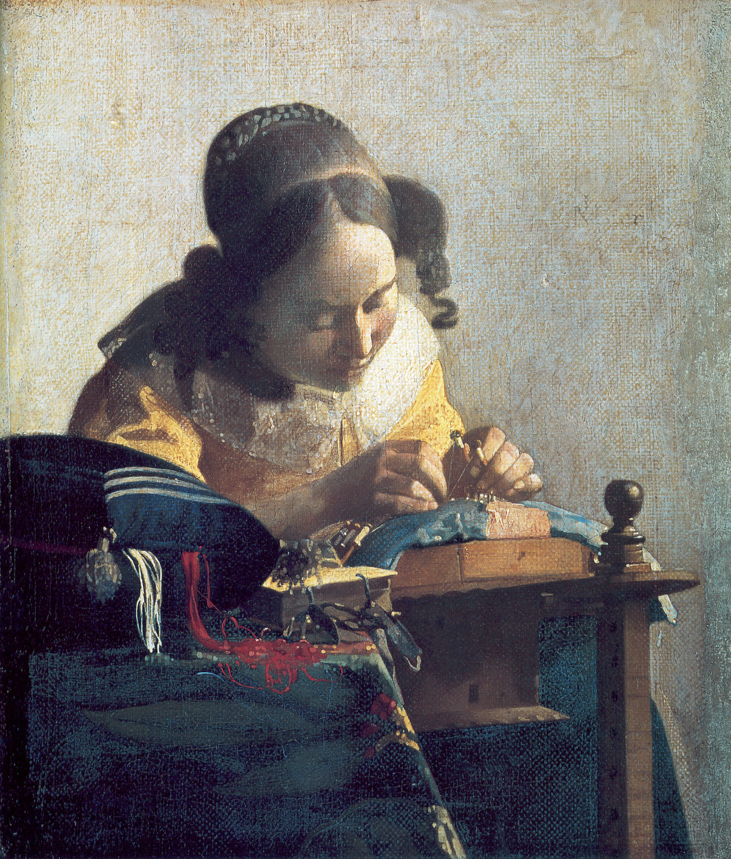 维米尔，《花边女工》，1665，布面油画，24cm×21cm.