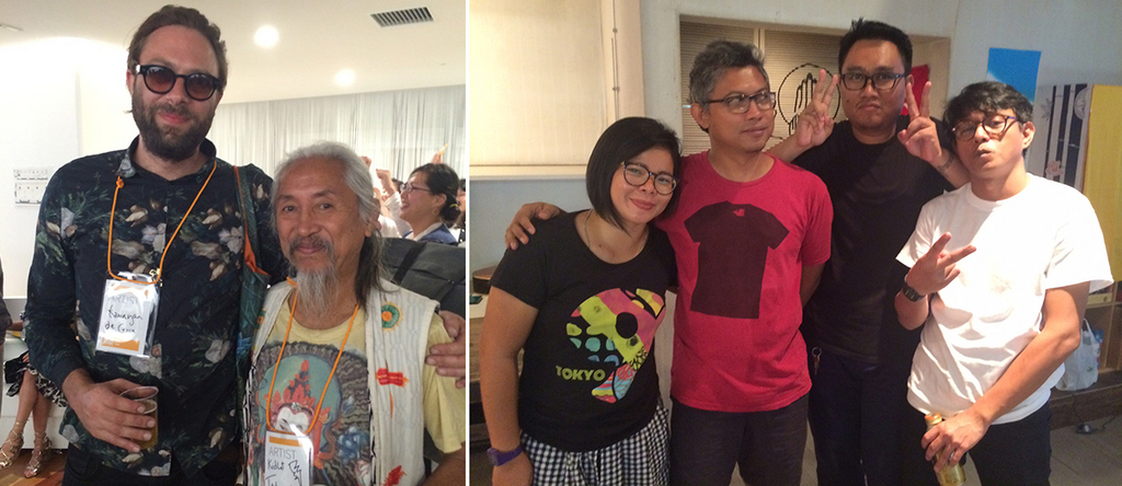 左：电影人Kidlat Tahimik与艺术家Kawayan de Guia；右：艺术家Daniella Praptono，Ade Darmawan，Leonhard Bartolomeus与Saleh Husein.