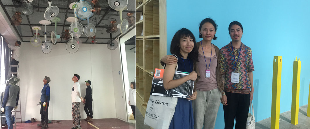 左：在双年展预展第一天仍然在赶工的布展人员；右：艺术家、上午空间负责人于吉，艺术家娜布其与K11艺术基金会策展人Victor Wang.