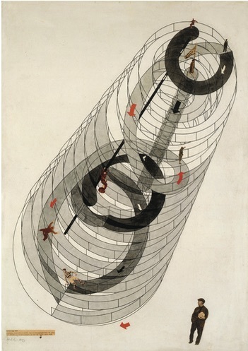 拉兹洛·莫霍利-纳吉，《动态构成系统：带有可移动游戏和运送组件的结构》，1922–28，银盐照片、照相制版、墨水、水彩、硬纸板，30 × 211⁄2"，由斯特凡·塞波克重新诠释.