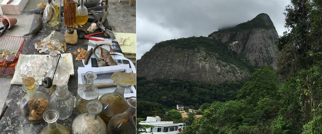 左：Tunga的工作材料；右：Tunga工作室外的风景.