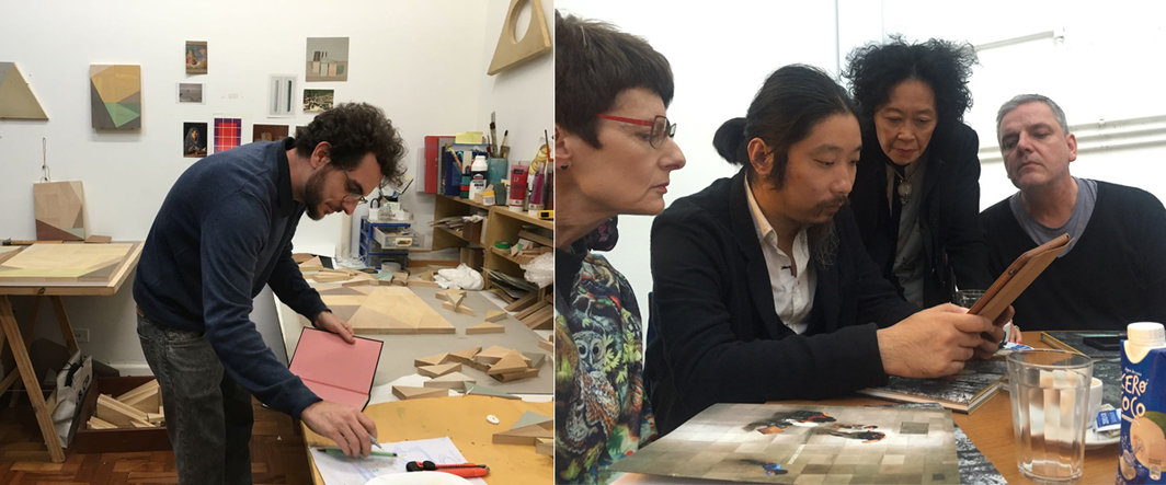 左：Felipe Cohen于工作室；右：于Luciana Brito画廊（Zara Stanhope、鲍栋、Sarina Tang、Caio Reisewitz）.