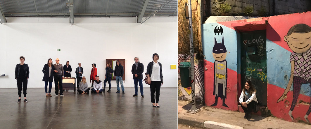 左：Art Immersion Trip组员在Baro Gallery宋冬作品前合影（Zara Stanhope，Solange Lingnau，Daniel Faust，鲍栋，张离，Karoline Pfeiffer，Sarina Tang，Diogo de Oliveira，Mariangela Capuzzo，朱朱，Martin Bernard，陈怡辰）；右：蝙蝠侠街.