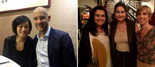 左：画廊家江馨玲（Lorraine Malingue）与Edouard Malingue；右：M+博物馆行政总监华安雅（Suhanya Raffel）与画廊家Yas Mostashari Chang与Claudia Albertini.