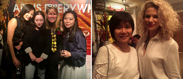 左：画廊家Angela Li，Katie de Tilly，梁徐锦熹（Henrietta Tsui-Leung）与策展人Alexie Glass-Kantor；右：香港医学博物馆策展人董嘉欣（Yan Tung）与画廊家Victoria Scott.
