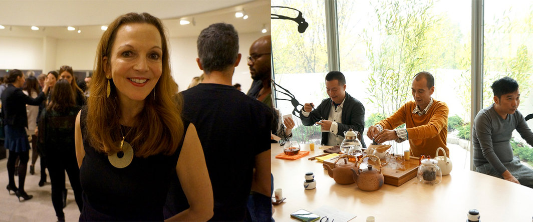 左：古根海姆亚洲部策展人梦露（Alexandra Munroe）；右：阳江组正在为观众泡制功夫茶.