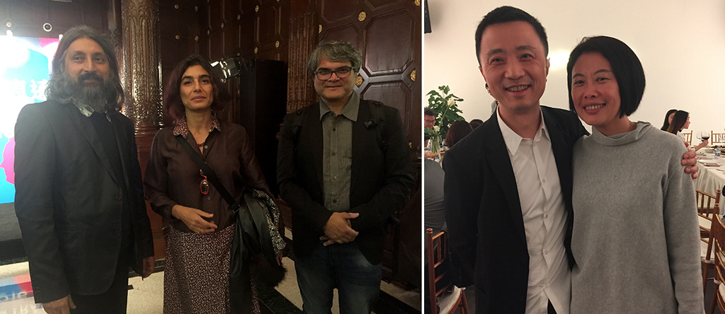 左：Raqs媒体小组的Jeebesh Bagchi，Monica Narula与Shuddhabrata Sengupta；右：策展人姜节泓与楠楠.