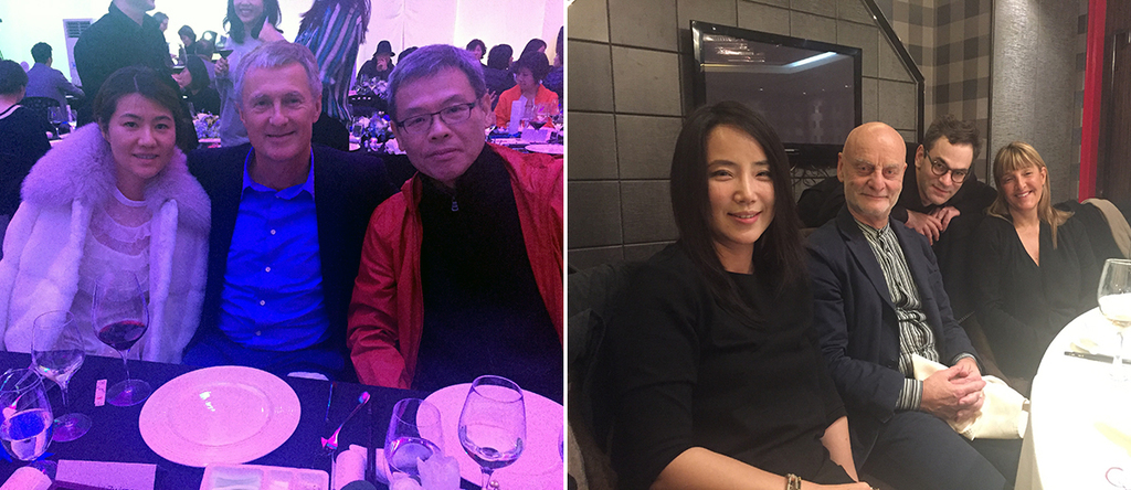 左: 余德耀夫人米董，画廊家David Zwirner与收藏家余德耀；右：中国当代艺术奖总监刘栗溧，收藏家乌利•希克，尤伦斯当代艺术中心馆长田霏宇以及画廊家Tanya Bonakdar.