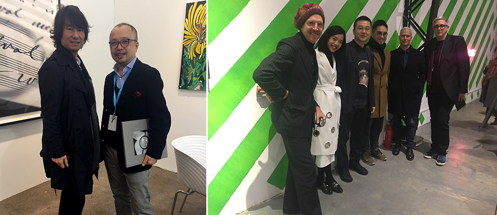 左：东京艺术博览会的来住尚彥与画廊家佐谷周吾；右：艺术家Martin Creed，收藏家蔡荔馨与乔志兵，郑志刚，MoMA PS1总监Klaus Biesenbach，Hauser &amp; Wirth画廊的Neil Wenman.