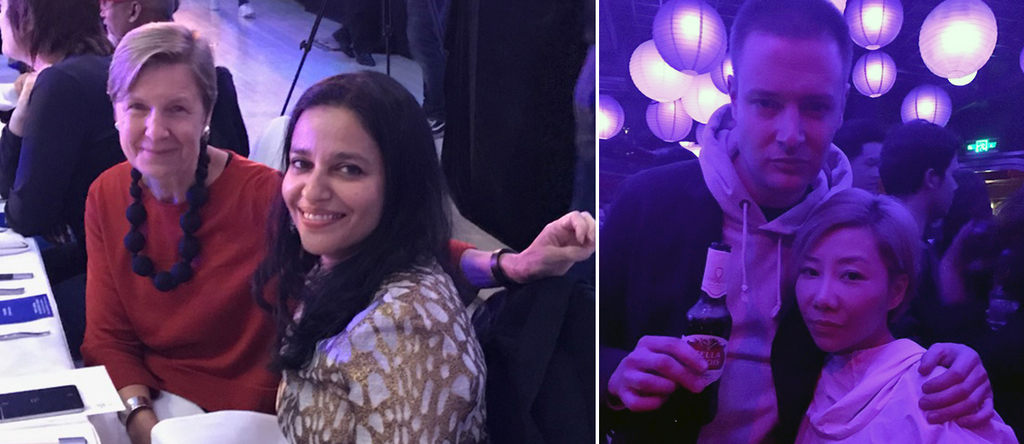 左：亚洲艺术文献库主席杜柏贞（Jane DeBevoise）与Project 88总监Sree Goswami；右：艺术家Simon Denny与策展人刘秀仪.