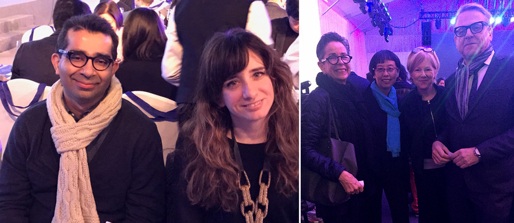 左：2017年威尼斯双年展沙特阿拉伯国家馆策展人Hammad Nasar与Frith Street Gallery的Ann Marie Peña；右：艺术顾问Silvie Seidlitz，站台中国的孙宁，OCAT西安总监Karen Smith以及画廊家Waling Boers.