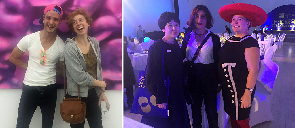 左：艺术家Austin Lee与Sarah Faux；右：上海当代艺术博物馆馆长龚彦，Raqs媒体小组的Monica Narula以及评论人Lisa Movius.