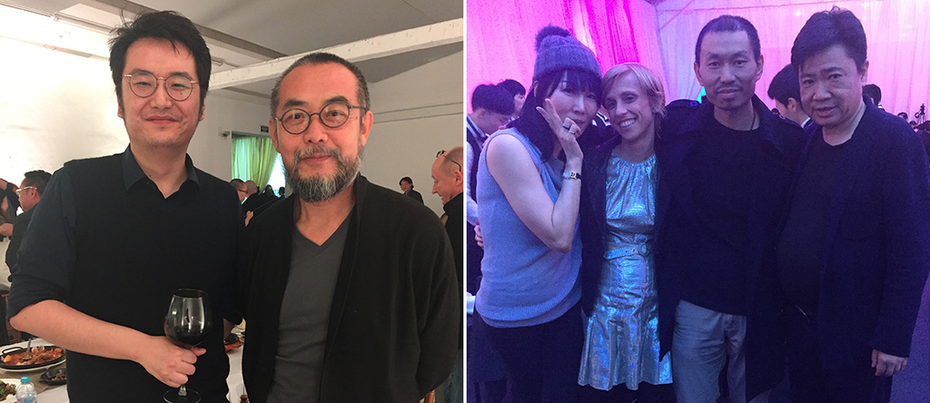 左：评论家张未与艺术家隋建国；右：收藏家ViVi，画廊家Claudia Albertini，艺术家邱黯雄以及西岸艺术与设计博览会创始人周铁海.