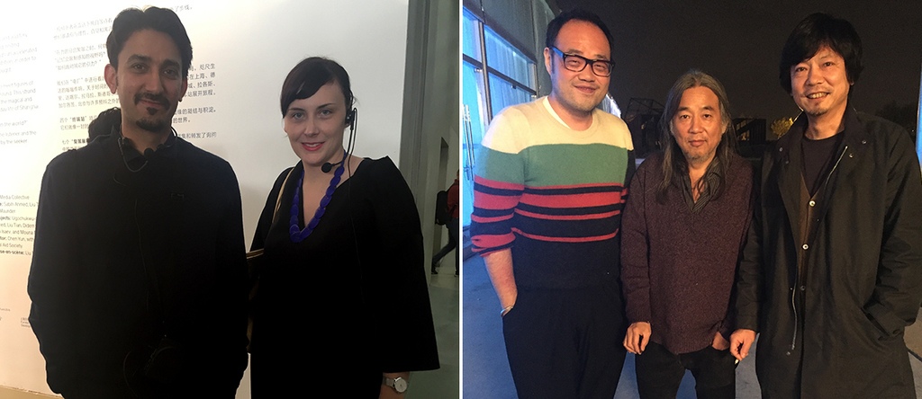 左：策展人Curators Sabih Ahmed与Tess Maunder；右：马容元，艺术家严培明与朱加.