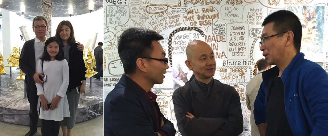 左：余德耀美术馆创始人余德耀与其太太米董及小女儿Jolie；右：策展人、批评家鲁明军，艺术家刘建华与朱昱.