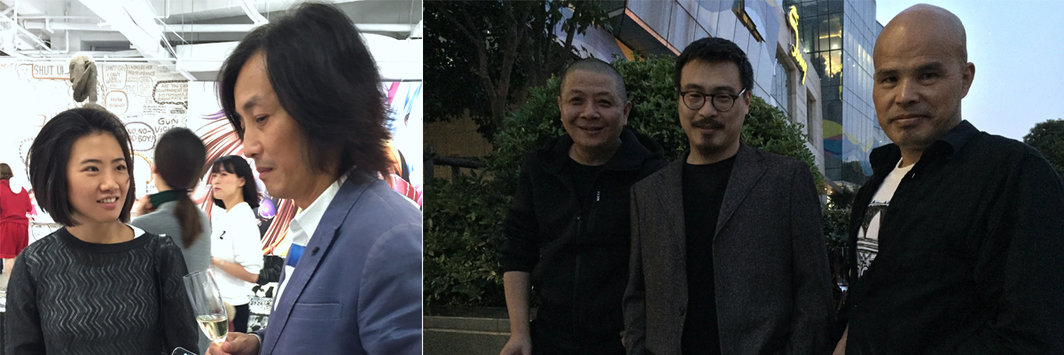 左：长征空间的梁中蓝与香格纳画廊的施勇；右：艺术家金锋，艺术家高洁与哲学学者陆兴华.