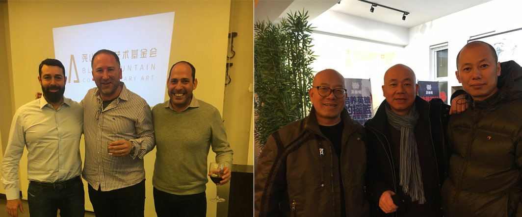 左：以色列尧山当代艺术基金会（Blue Mountain Contemporary Art）负责人 Opher Lewin，Yoni Zalsman与Gedaliah Afterman；右：艺术家庄辉，刘建华与王宁德.