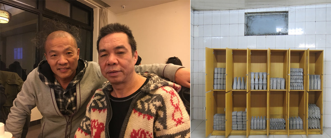 左：艺术家王庆松与摩根；右：“忽逢桃花林”中刘建华作品《标准》.