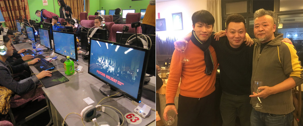 左：“林暗草惊风”中张鼎作品《一场演出》；右：艺术家杨牧石，策展人崔灿灿与艺术家琴嘎.