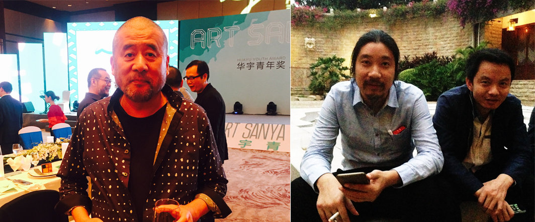 左：艺术家张培力；右：策展人鲍栋与广州美术学院美术馆副馆长胡斌.