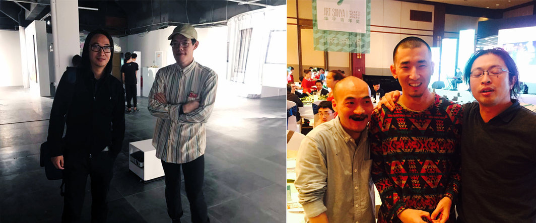 左：艺术家陆平原与评论人陈玺安；右：艺术家戴陈连，刘野夫与施昀佑.
